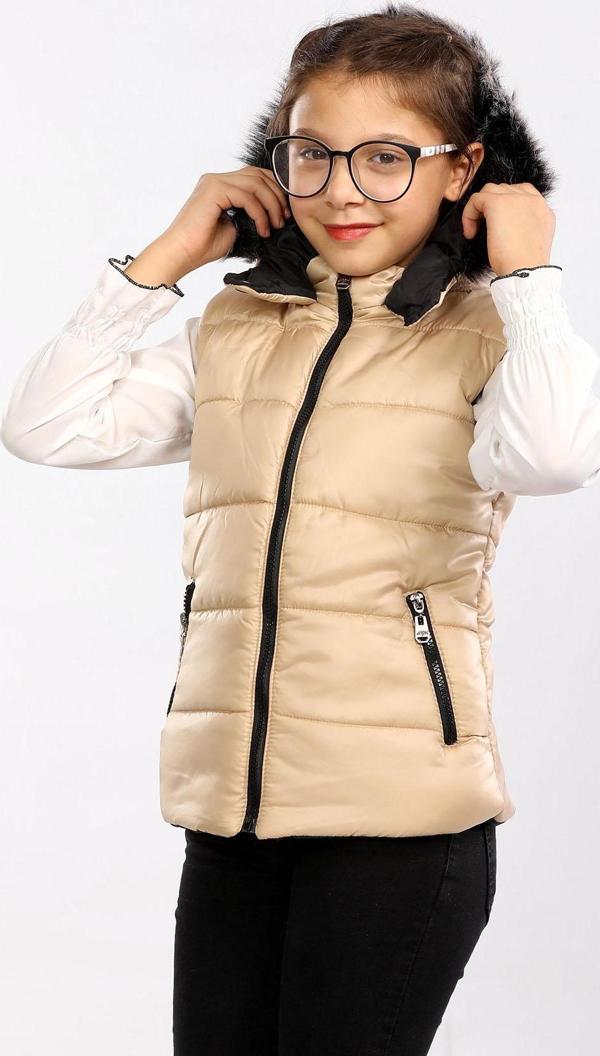 Kürk Kapüşonlu Çocuk Şişme Yelek Bej AVM07273 - Image 1