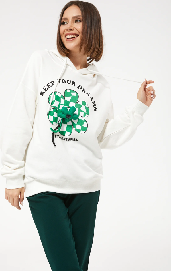 Go Veform Kadın Çiçek Desenli Kapüşonlu Sweatshirt Ekru ZN5059 - Image 1
