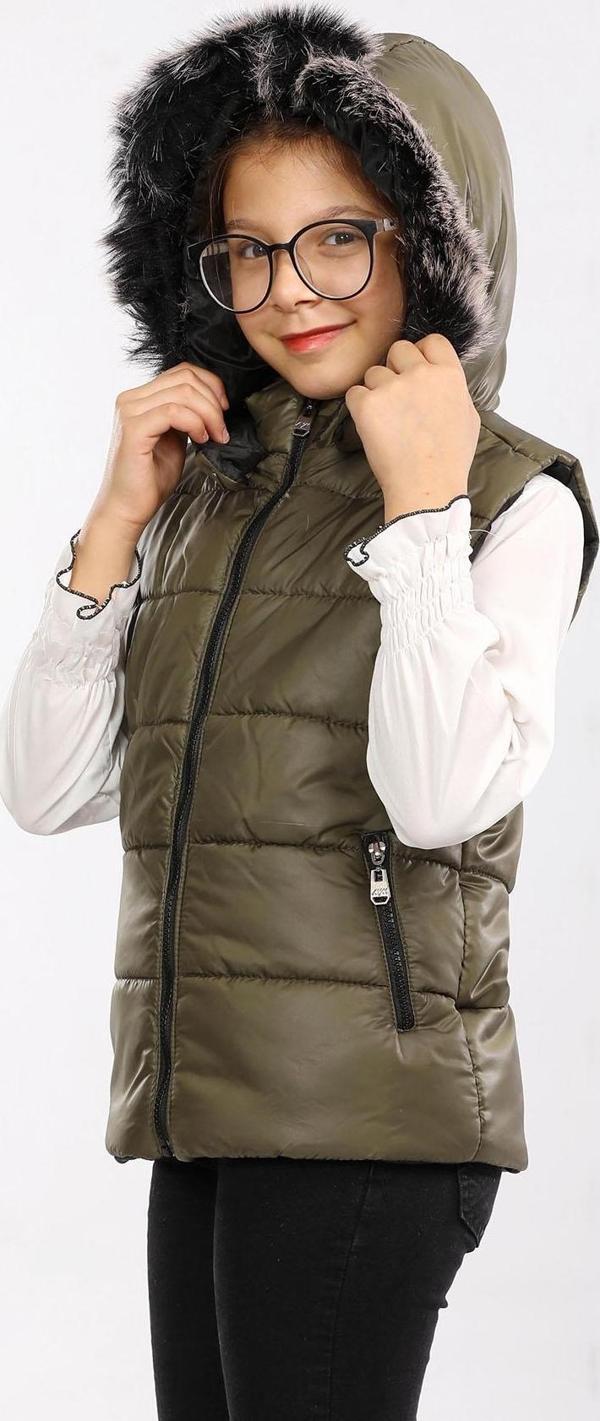Kürk Kapüşonlu Çocuk Şişme Yelek Haki AVM07273 - Image 1