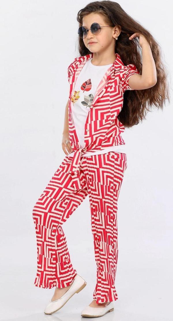 Mornio Kız Çocuk 3'lü Takım Bağlamalı Gömlek-T-shirt ve Geniş Paça Pantolon MRN2428 - Image 1