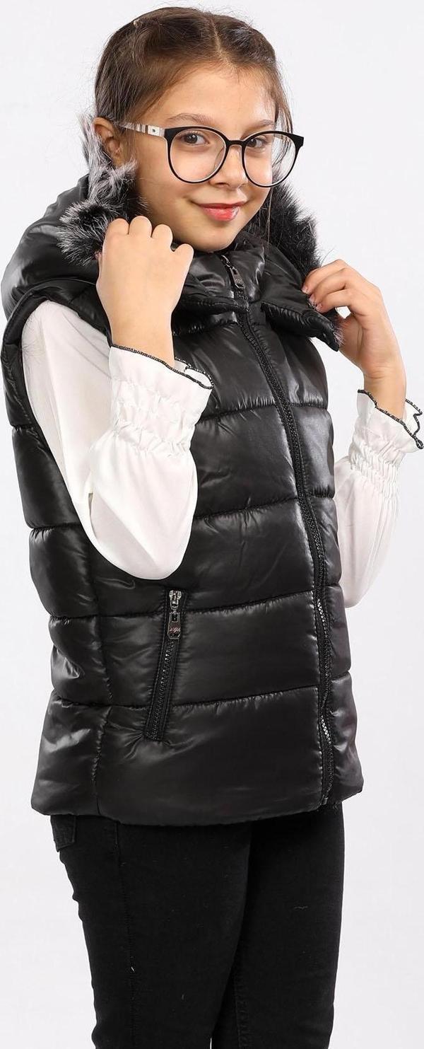 Kürk Kapüşonlu Çocuk Şişme Yelek Siyah AVM07273 - Image 1