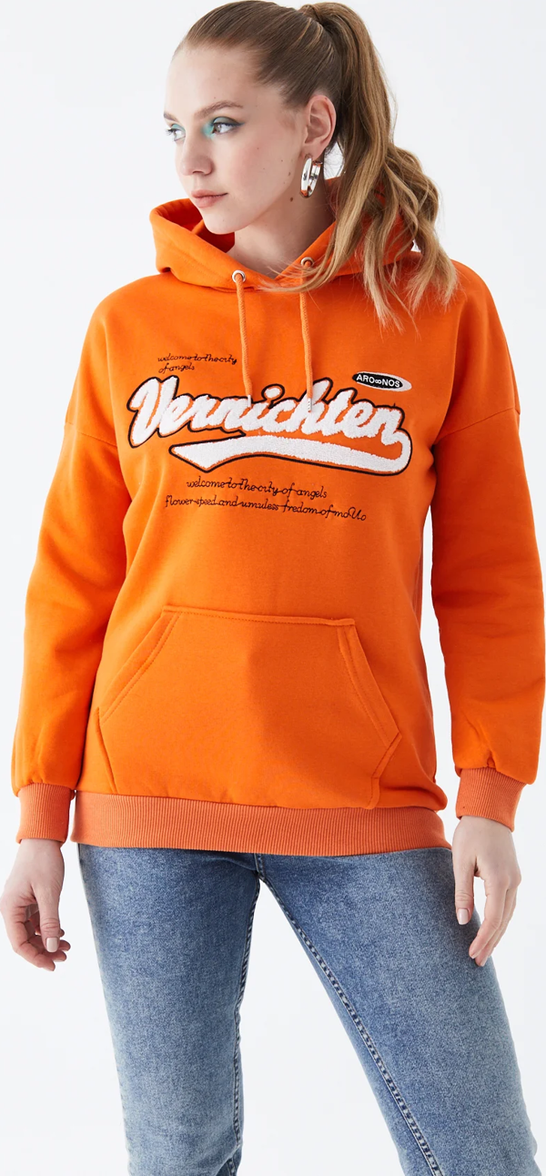 Go Veform Kadın Kanguru Cep Baskılı Üç İp İçi Şardonlu Sweatshirt Turuncu ZN5086 - Image 1