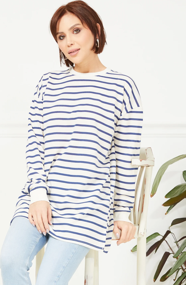 Go Veform Kadın Çizgili Yırtmaç Detaylı İki İp Sweatshirt İndigo ZN5064 - Image 1