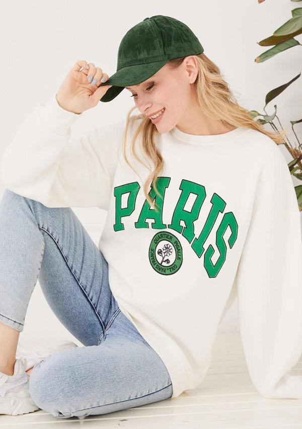 Go Veform Kadın Paris Baskılı Üç İplik Sweatshirt Ekru  Ekru ZN5107 - Image 1