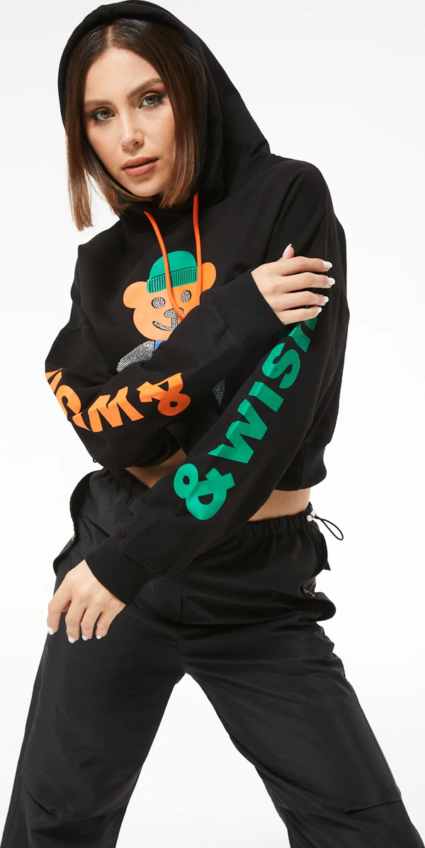 Go Veform Kadın Kapüşonlu Taş Detaylı Ayıcık Baskılı Crop Sweatshirt Siyah ZN5087 - Image 1