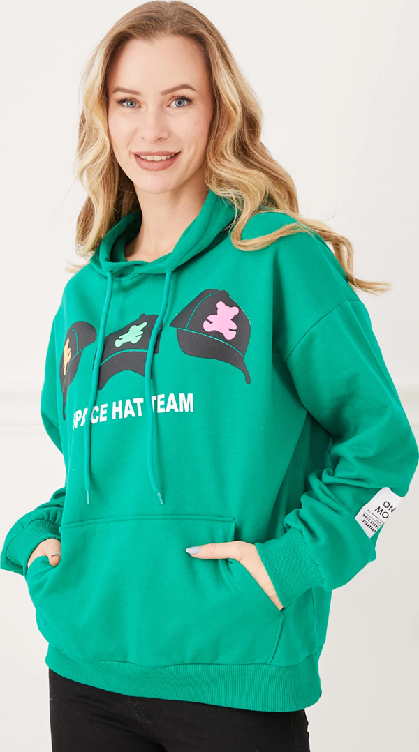 Go Veform Kadın Şapka Baskılı Kapüşonlu Kanguru Cepli Sweatshirt Yeşil ZN5092 - Image 1