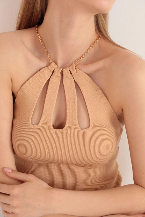 Triko Kumaş Zincir Detaylı Kadın Bluz KKTS3018 - Image 1