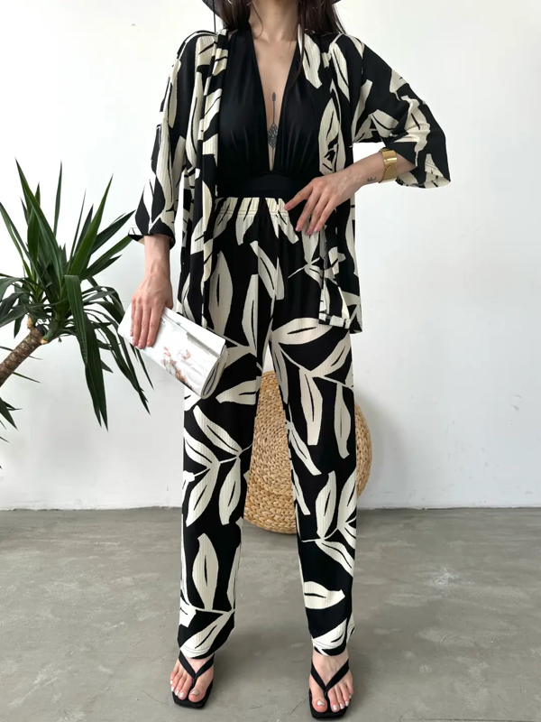 Desenli Kimono Ve Pantolon İkili Takım DFL4019 Siyah Krem Siyah/Krem - Image 1