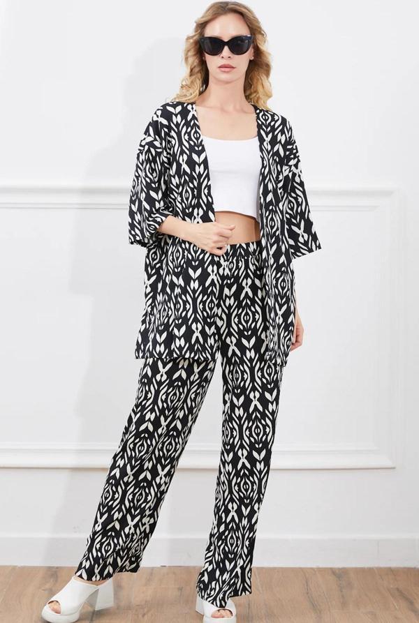 Go Veform Desenli Kadın İkili Kimono Takım Siyah ZN5018 - Image 1