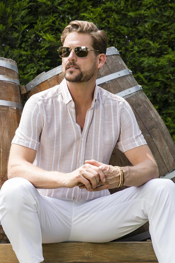 Buratti Çizgili % 100 Pamuk Slim Fit Kısa Kollu Erkek Gömlek CF23S116097 TAŞ - Image 1