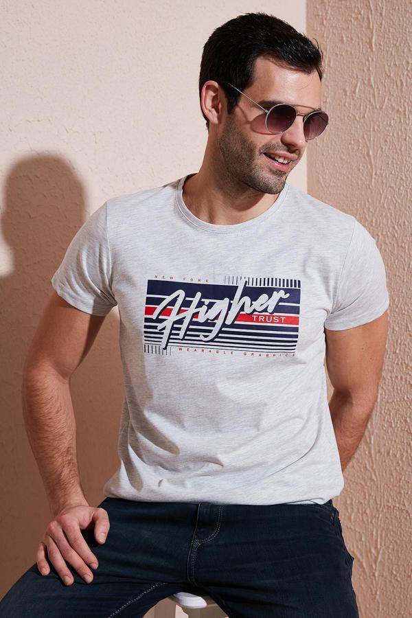 Buratti Pamuklu Slim Fit Bisiklet Yaka Baskılı Erkek T Shirt 541HIGHER AÇIK MELANJ - Image 1