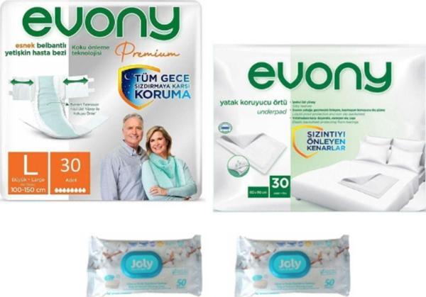 Evony Yetişkin Bez Large 30Lu+Hasta Altı Örtüsü 30 Lu+Joly Vücut-Perine Bölgesi Temizleme 50Li(2Adet L - Image 1