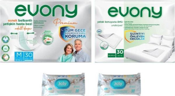 Evony Yetişkin Bezi Medium 30Lu+Hasta Altı Örtüsü 30 Adet+Joly Vücut-Perine Bölgesi Temizleme 50Li M - Image 1