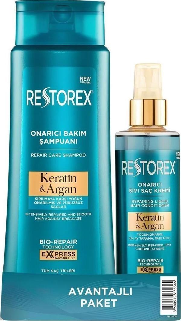 Restorex Keratin & Argan Onarıcı Saç Bakım Şampuanı 500 Ml + Sıvı Saç Bakım Kremi 200 Ml - Image 1