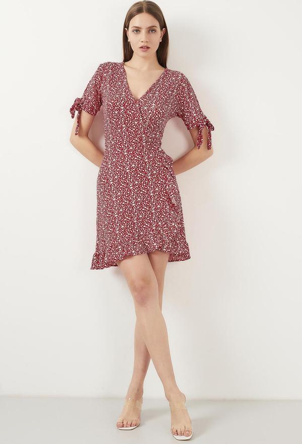 Lela Dar Kesim Kruvaze Yaka Fırfır Detaylı Mini Bayan Elbise 5863719 KIRMIZI - Image 1