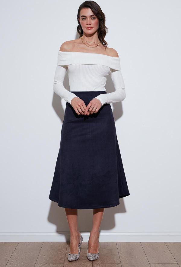 Lela Streç Regular Fit Yüksek Bel Midi Boy Süet Çan Bayan Etek 5866180 İNDİGO - Image 1