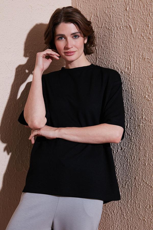 Lela Streç Oversize Fit Bisiklet Yaka Bayan T Shirt 5865911 SİYAH - Image 1