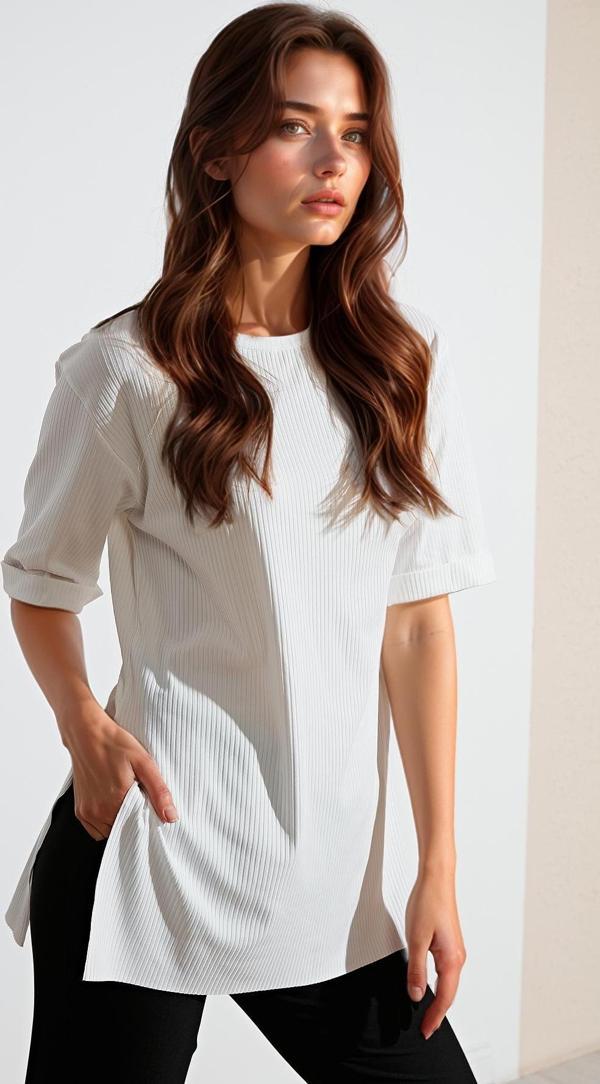 Lela Oversize Bisiklet Yaka Yırtmaç Detaylı Bayan Bluz 5869000 EKRU - Image 1