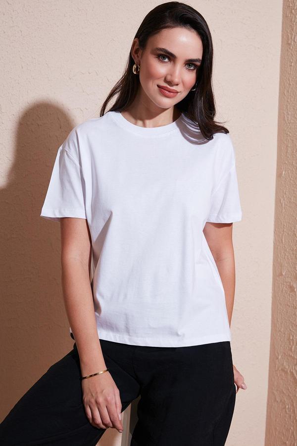 Lela Pamuklu Oversize Fit Bisiklet Yaka Bayan T Shirt 5866097 EKRU - Image 1