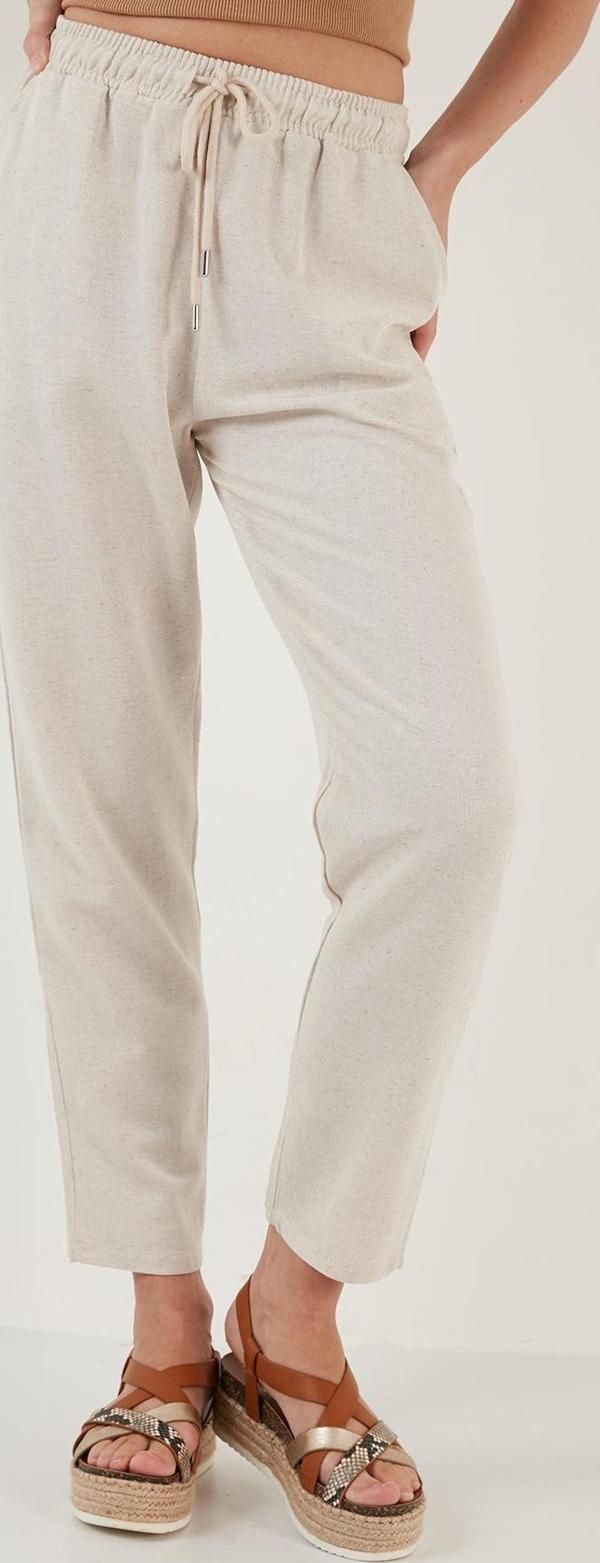 Lela Pamuk ve Keten Karışımlı Yüksek Bel Rahat Kesim Cepli Bayan Pantolon 5865019 BEJ - Image 1