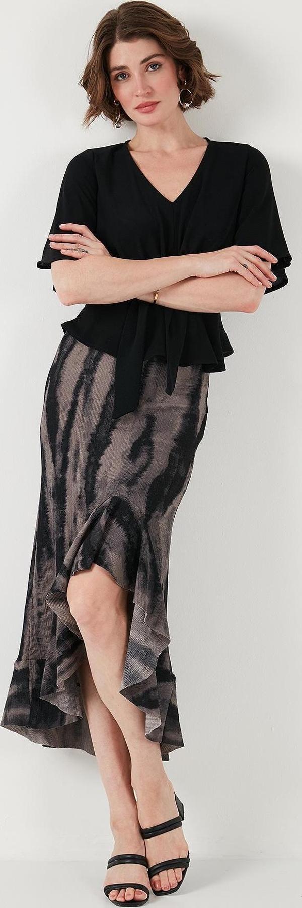 Lela Regular Fit Desenli Yüksek Bel Volanlı Midi Boy Yırtmaçlı Bayan Etek 5869013 SİYAH - Image 1