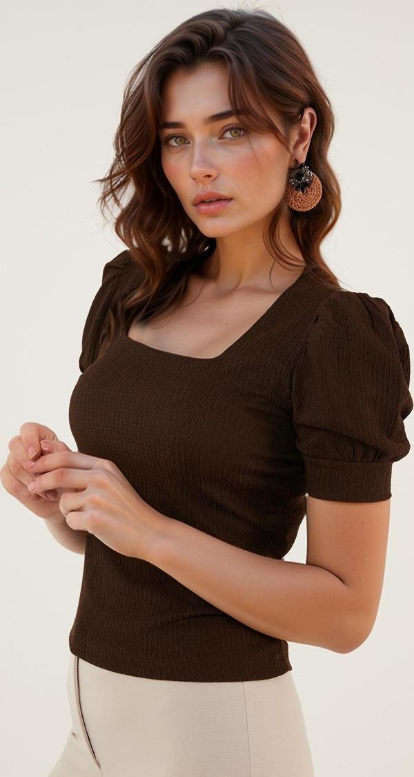 Lela Kol Detaylı Kare Yaka Bayan Bluz 5869002 KAHVE - Image 1