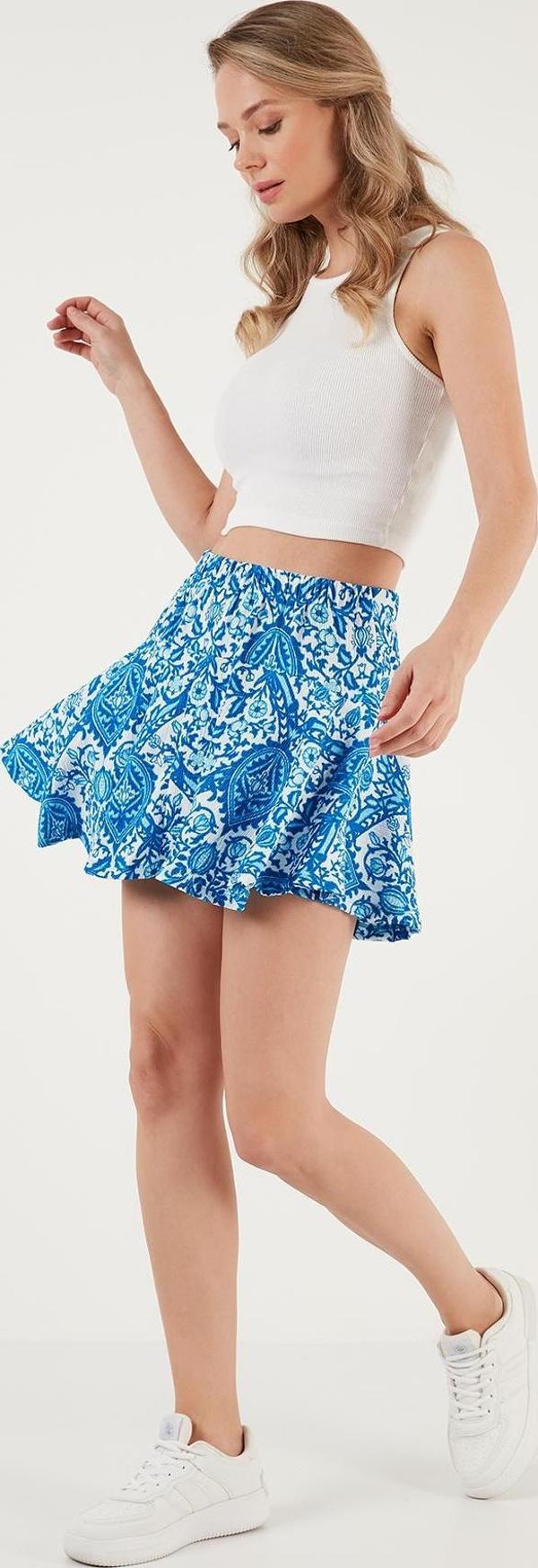 Lela Desenli Beli Lastikli Mini Bayan Şort Etek 5865118 MAVİ - Image 1