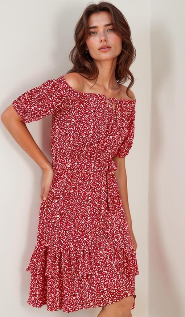 Lela Carmen Yaka Bağlama Detaylı Volanlı Bayan Elbise 5869004 KIRMIZI - Image 1