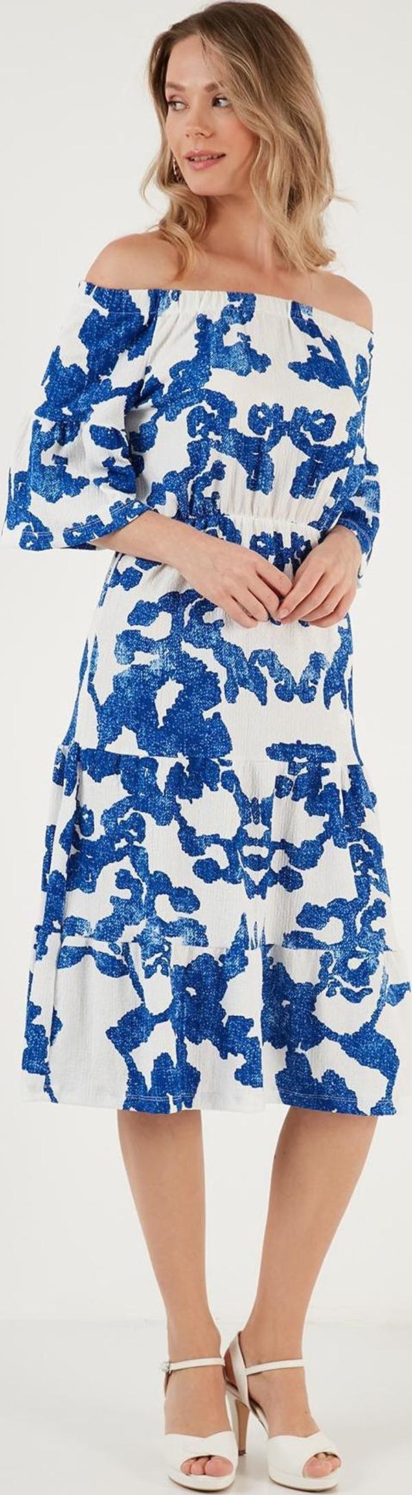 Lela Desenli Carmen Yaka Midi Bayan Elbise 5865623 Ekru-Saks - Image 1