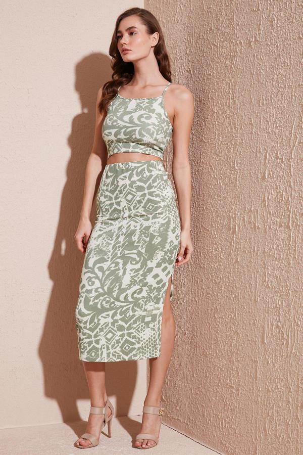 Lela Slim Fit İp Askılı Yırtmaçlı Midi Alt-Üst Bayan Takım 5865726 Olive - Image 1