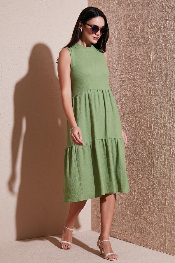 Lela Regular Fit Kolsuz Midi Bayan Elbise 5869008 YAĞ YEŞİLİ - Image 1