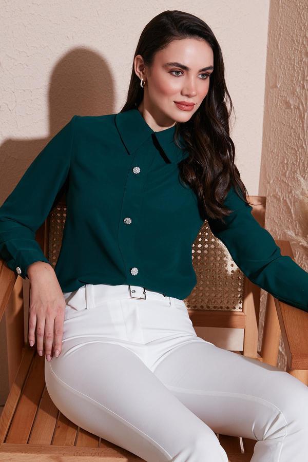 Lela Taşlı Regular Fit Gömlek Yaka Fermuarlı Bayan Bluz 611BZ0493 ZÜMRÜT - Image 1