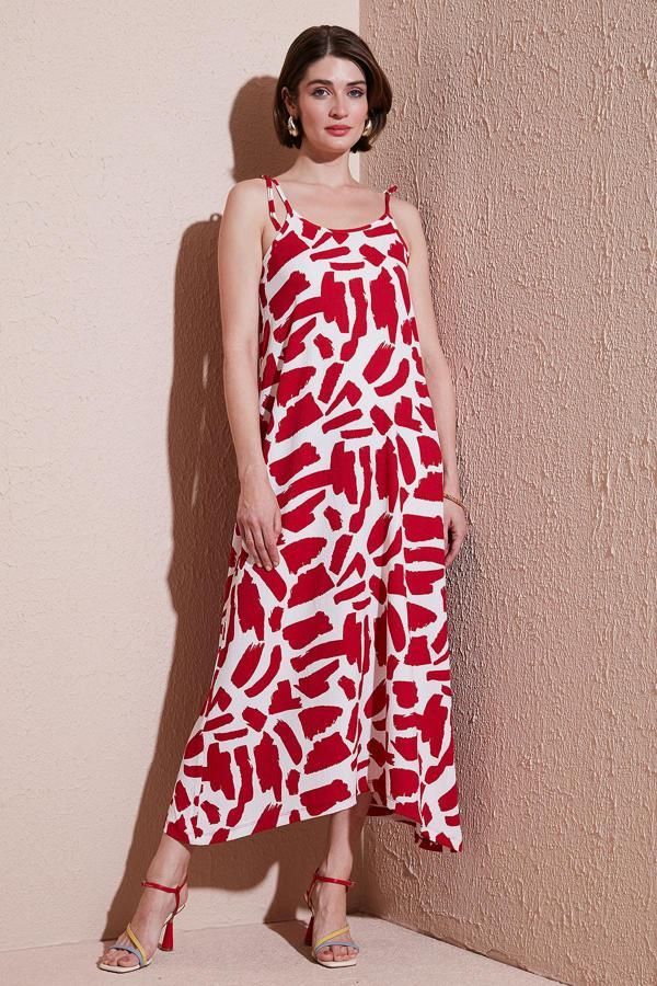 Lela Desenli Midi Boy Oversize Fit Bağlamalı İp Askılı Bisiklet Yaka Bayan Elbise 5869009 BORDO - Image 1
