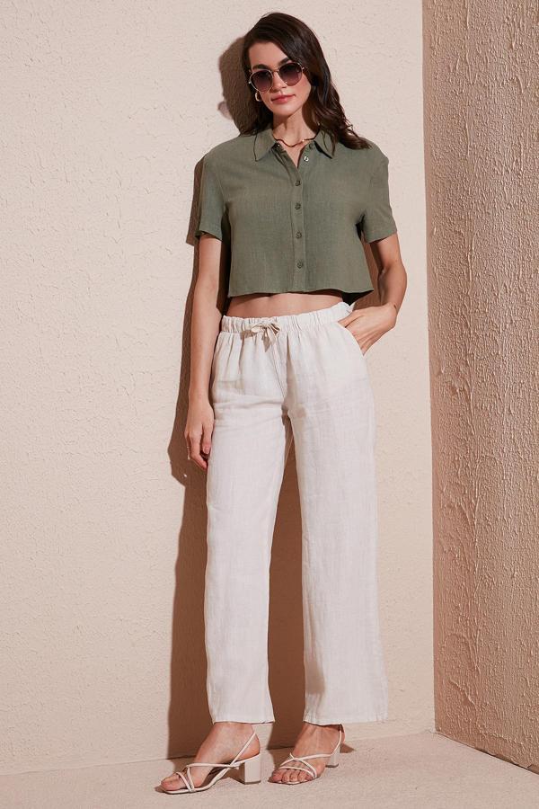 Lela Relaxed Fit Normal Bel Geniş Paça Çİft Cepli Keten Bayan Pantolon 668YP4991 TAŞ - Image 1