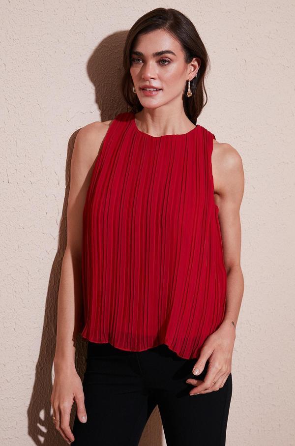 Lela Astarlı Kalın Askılı Standart Fit Bisiklet Yaka Şifon Bayan Bluz 611FB220 KIRMIZI - Image 1