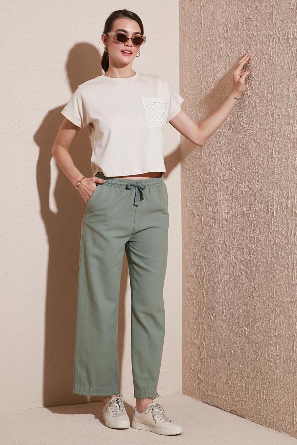 Lela Pamuklu Relaxed Fit Yüksek Bel Geniş Paça Bayan Pantolon 668YP5275 HAKİ - Image 1