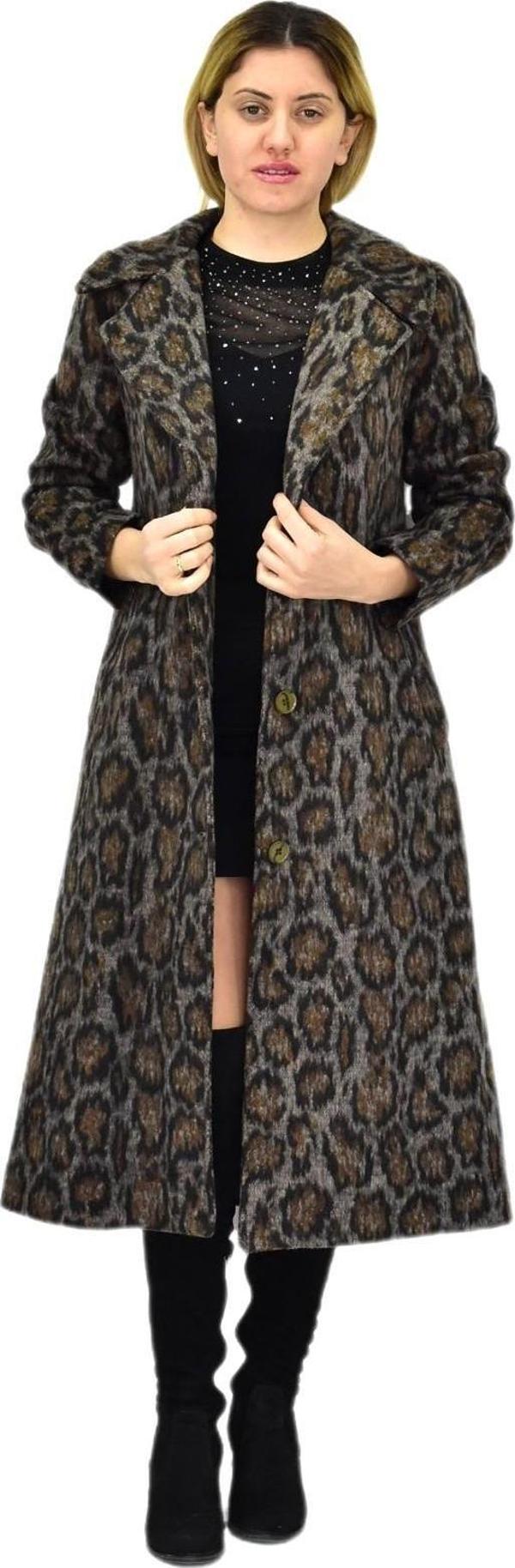 Kadın Leopar Desenli Uzun Kaşe Kaban BGL-ST04114 - Image 1