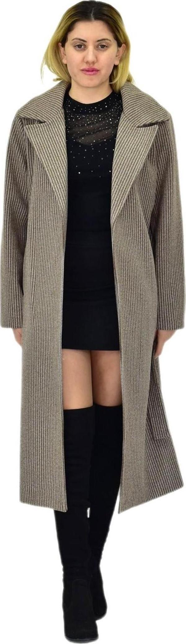 Kadın Çizgili Uzun Kaşe Kaban BGL-ST04118 - Image 1