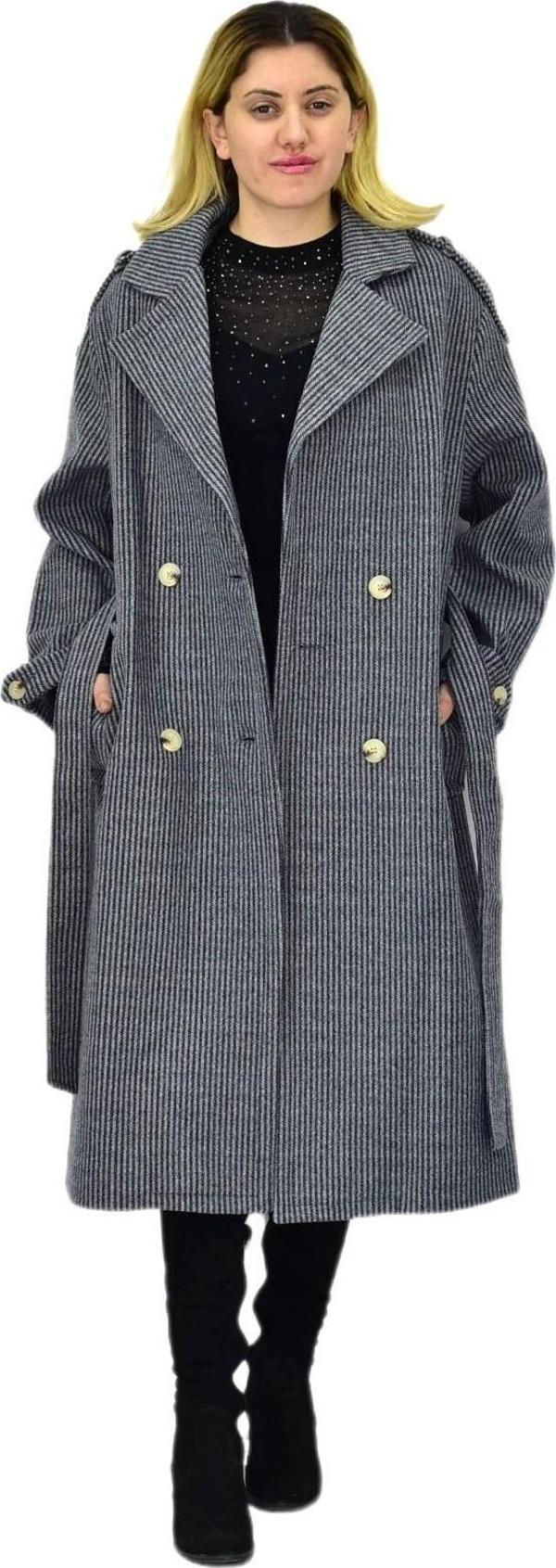 Kadın Çizgili Uzun Kaşe Kaban BGL-ST04118 - Image 1