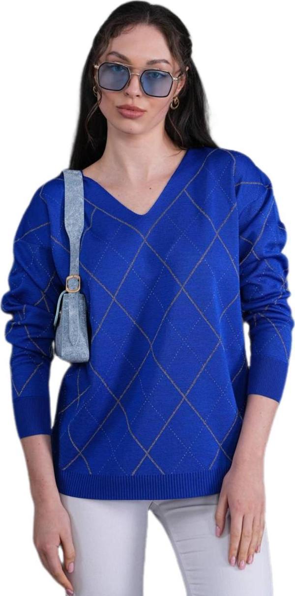 Kadın V Yaka Baklava Dilimi Simli Kazak 12831 BGL-ST04227 - Image 1