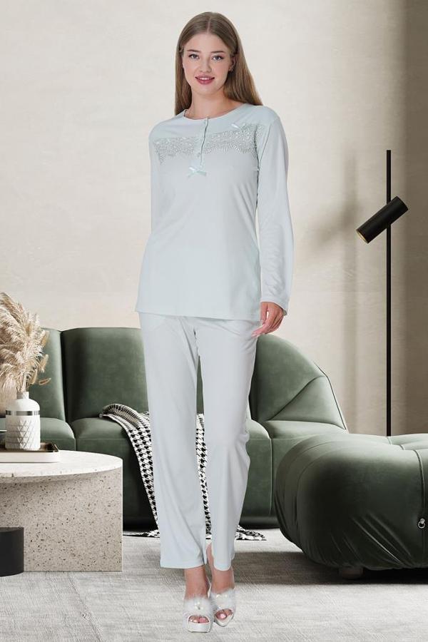 Mecit 5734 Bayan Melisa Kumaş Mavi Uzun Kollu Pijama Takımı - Image 1