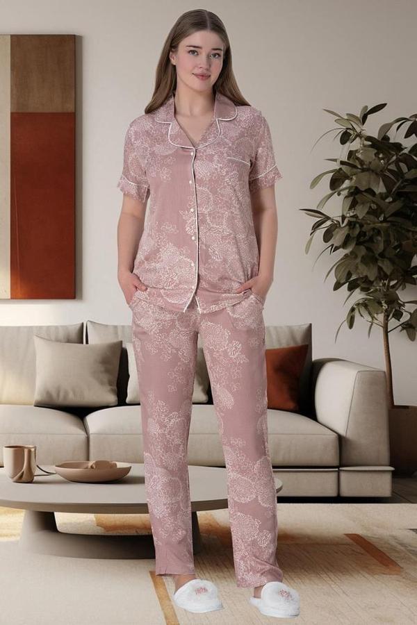 Mecit 6014 Pudra Çiçek Desenli Boydan Düğmeli Kadın Pijama Takımı - Image 1