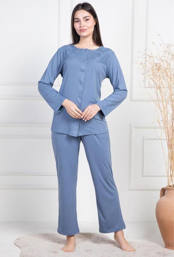 Mecit 6105 Bayan İndigo Büyük Beden Boydan Düğmeli Pijama Takımı - Image 1