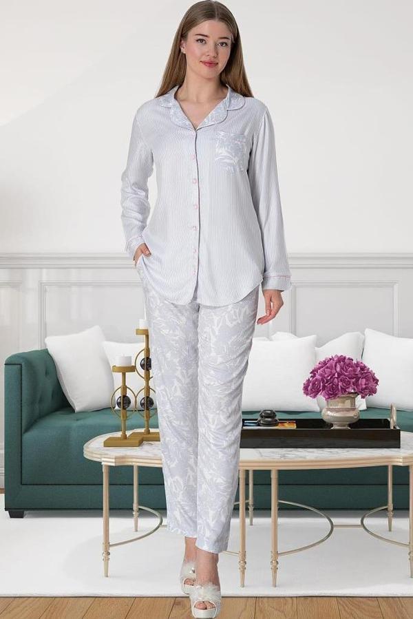 Mecit 5143 Bayan Pembe Boydan Düğmeli Uzun Kollu Pijama Takımı - Image 1