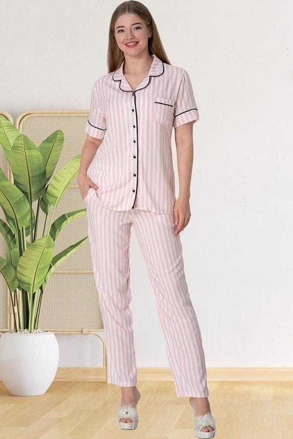 Mecit 5150 Bayan Pembe Çizgili Boydan Düğmeli Pijama Takımı - Image 1