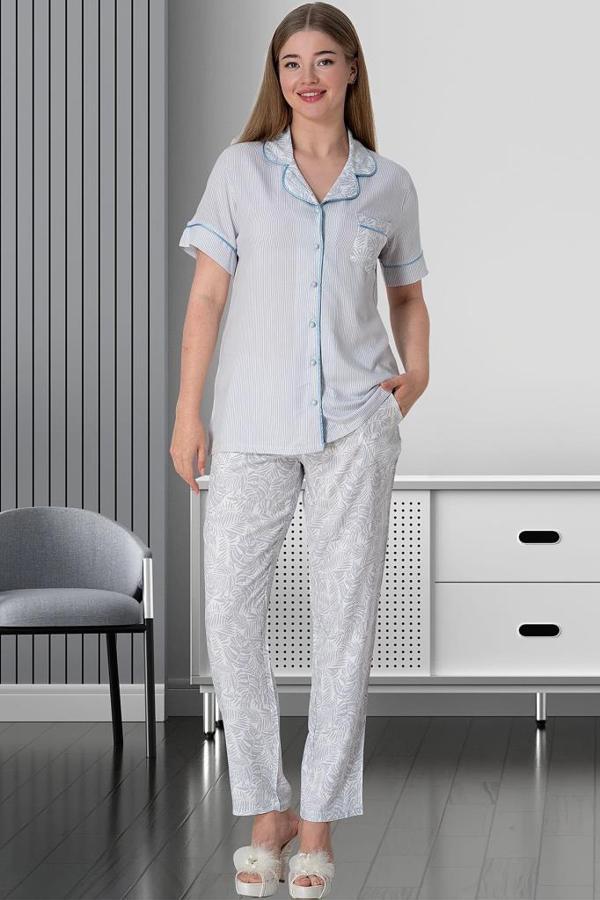 Mecit 5144 Bayan Mavi Boydan Düğmeli Kısa Kollu Pijama Takımı - Image 1