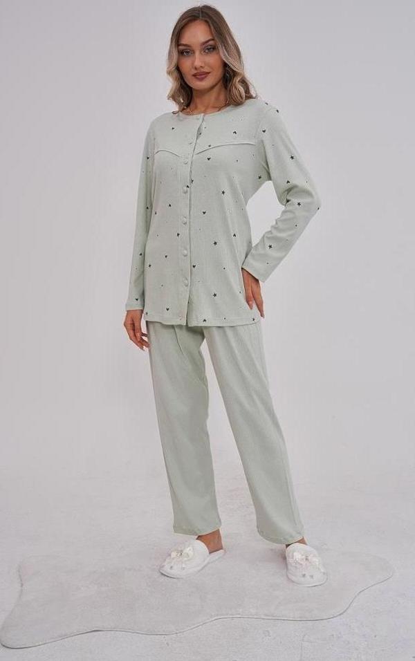 Mecit 6151 Bayan Yeşil Boydan Düğmeli Büyük Beden Pijama Takımı - Image 1