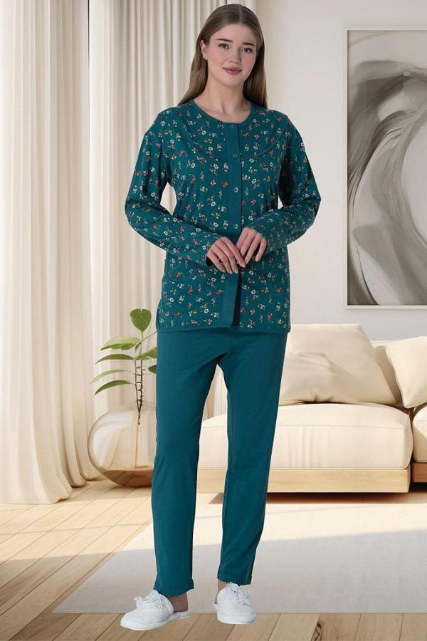 Mecit 6018 Yeşil Boydan Düğmeli Büyük Beden Kadın Pijama Takımı - Image 1