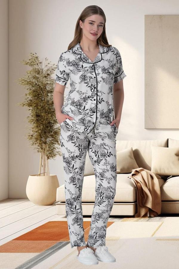 Mecit 6015 Çiçek Desenli Boydan Düğmeli Kadın Pijama Takımı - Image 1