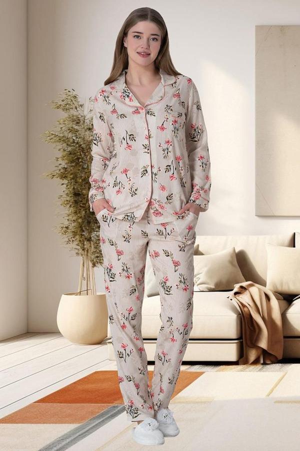 Mecit 6023 Pudra Büyük Beden Boydan Düğmeli Kadın Pijama Takımı - Image 1